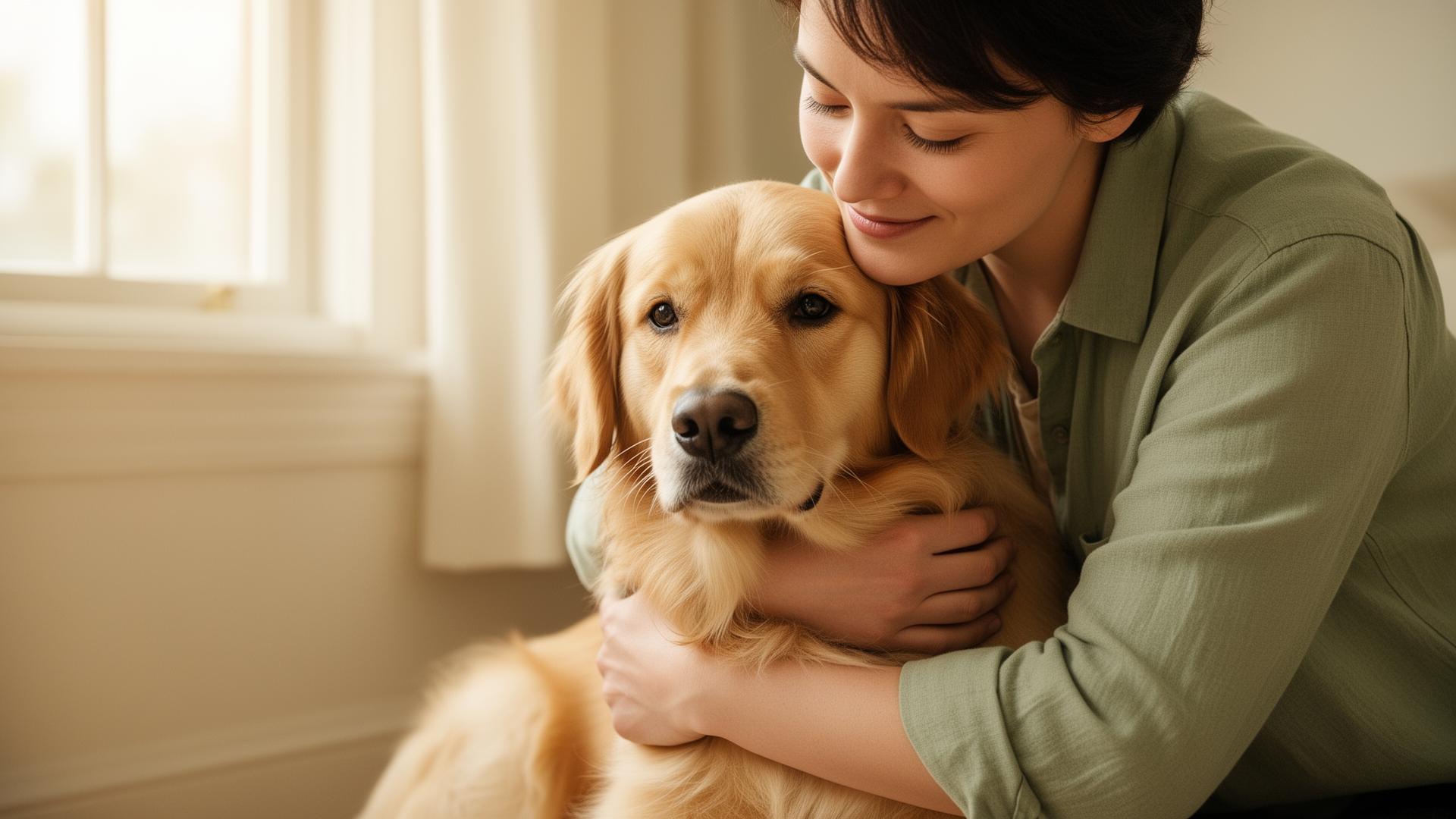 A calm golden-coated dog resting at home, representing continuity of care during an unexpected hospitalization.